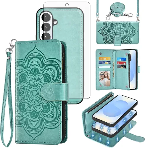 Vista 30 de Asuwish Funda de teléfono para Samsung Galaxy S26 5G con cremallera, magnética, desmontable, con protector de pantalla de vidrio templado, correa