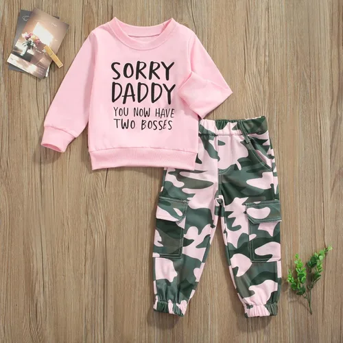 Vista 2 de Conjunto de ropa de manga larga con estampado de letras bendecidas y pantalones de camuflaje para niñas pequeñas