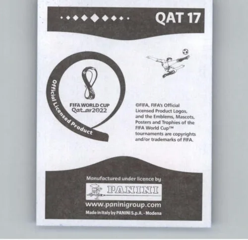 Vista 2 de Calcomanías azules de la Copa Mundial Panini de Qatar 2022 #QAT17 Ahmad Alaaeldin Qatar Group A oficial del grupo A (2 x 2.5 pulgadas) en crudo