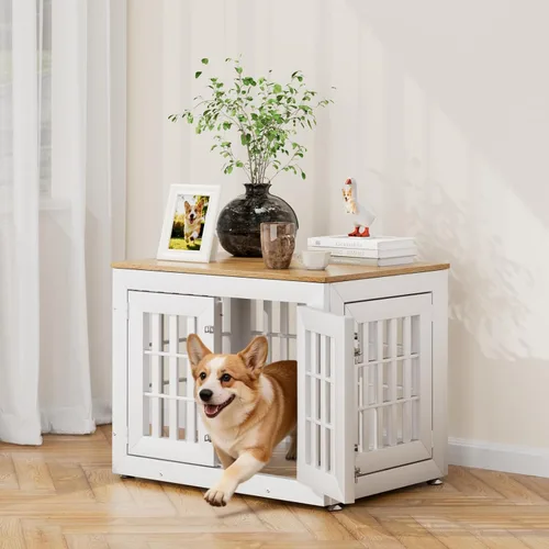 Vista 19 de Snuowu Mueble de jaula de perro resistente de 26 pulgadas para perros pequeños, medianos y grandes, jaula rústica de madera para perros, muebles