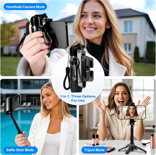 Vista 2 de Mini trípode 3 en 1, palo selfie para iPhone, trípode para iPhone con control remoto, trípodes de viaje ligeros para grabación de video selfie