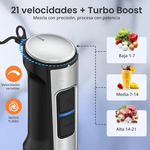 Vista 3 de Consciot Licuadora de inmersión 5 en 1 de mano Max 1100W, 21 velocidades