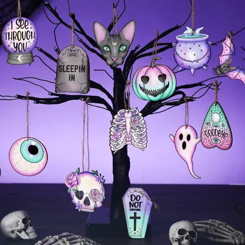 Vista 2 de Maitys 36 piezas de adornos de Navidad góticos, adornos de árbol de Navidad de madera espeluznantes de terror, fantasmas morados y rosas, gato