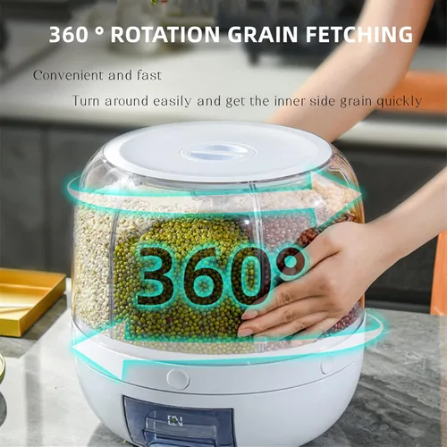 Vista 2 de DYRABREST Dispensador de arroz, dispensador de cereales giratorio de 360°, dispensador de almacenamiento de granos multigrano redondo de 6 rejillas