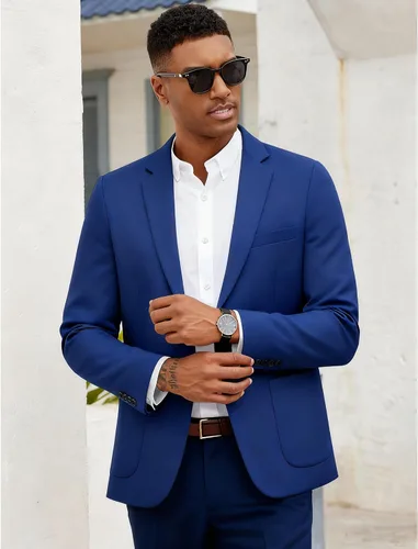 Vista 2 de COOFANDY Mens Blazer Casual Slim Fit Sport Coats Lightweight Sport Jacket Linen Textured Blazer, Two Button Suit Jacket, Patch Pockets, Plaid B