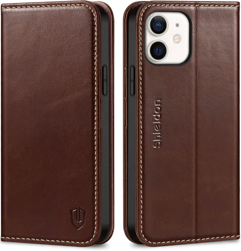 Vista 11 de SHIELDON Funda para iPhone 12/12 Pro 5G, Funda Tipo Billetera de Piel Auténtica con Bloqueo RFID Magnético, Soporte para Tarjetas de Crédito