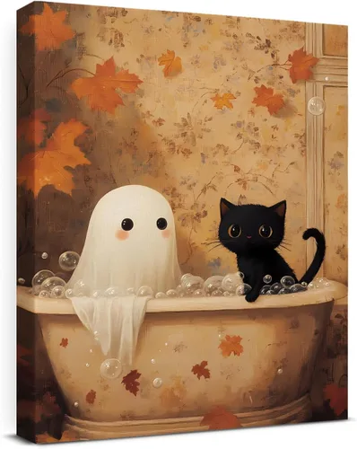 Vista 14 de QPVXSST Arte de Pared Interesante de Fantasma de Halloween para Baño, Póster Impreso en Lienzo de Estilo Gótico, Decoración de Baño con Diseño