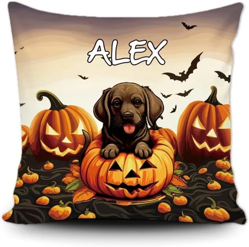 Vista 12 de Funda de almohada personalizada de Halloween, diseño de calabaza, lindo cachorro, funda decorativa de lona para sofá, 16 x 16 pulgadas, estampado