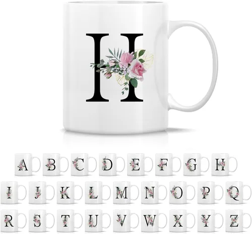 Vista 15 de Retreez Ramo botánico floral inicial A-Z con monograma, taza con monograma de cerámica de 11 onzas, regalo de agradecimiento de agradecimiento