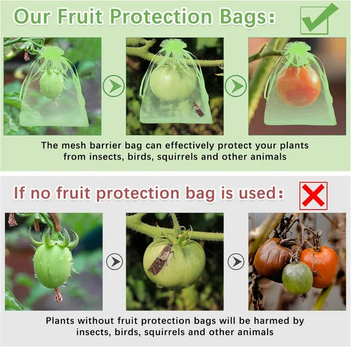 Vista 4 de Boao 200 bolsas de protección de frutas con cordón para proteger la red de verduras, bolsa de malla reutilizable para jardín, manzanos