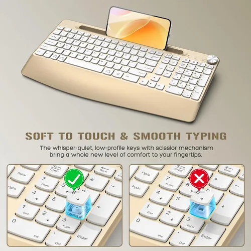 Vista 6 de GAMCATZ Teclado y mouse inalámbricos ergonómicos con reposa muñecas, soporte para teléfono - 2.4GHz, teclado y mouse inalámbricos de perfil bajo