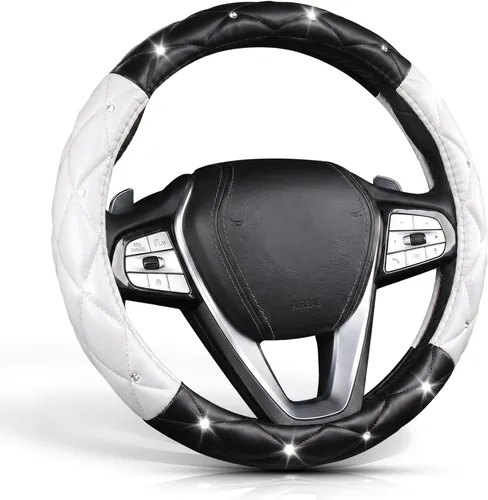 Vista 11 de SuperKaKa Funda para volante negra y roja, accesorios de interior de automóvil de estilo diamante con brillo lindo y cómodo, protector brillante que