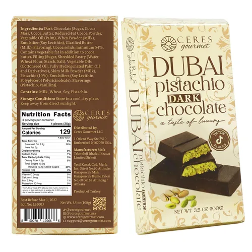 Vista 2 de Ceres Gourmet Barra de chocolate oscuro Dubai Pistachio Knafeh 3.5 oz