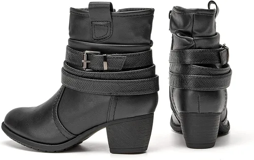 Vista 5 de VJH confort Botas de media pantorrilla para mujer, punta redonda, cómodas, de tacón bajo, con hebilla y cremallera lateral