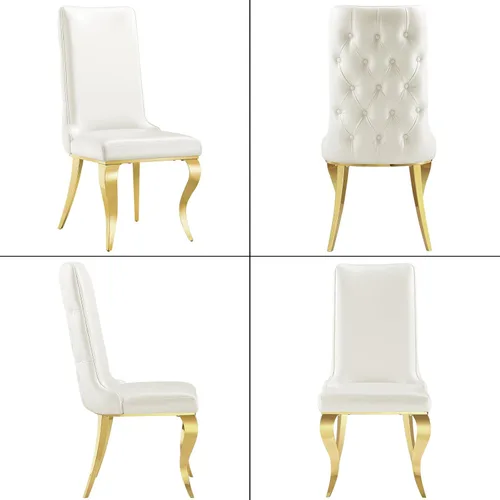 Vista 5 de AUZ Sillas de comedor blancas y doradas, sillas tapizadas de piel sintética blanca con respaldo copetudo y patas curvadas de acero inoxidable