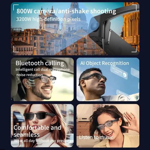 Vista 7 de Lentes inteligentes AI con cámara de 8 MP – Gafas de sol Bluetooth para hombres con traducción en tiempo real, asistente de voz, audio de oído
