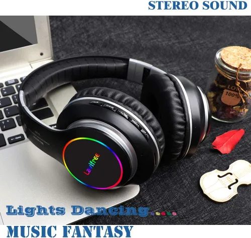 Vista 5 de Auriculares Bluetooth, inalámbricos/con cable, estéreo de bajos de alta fidelidad, micrófono integrado, luz LED, plegable, micro SD/TF, FM