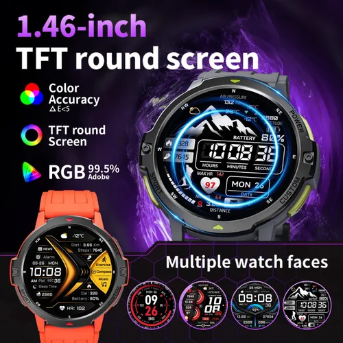 Vista 4 de Rugged Smart Watch for Men with Built-in GPS, 6-Axis Sensor for HIIT/Run Form Analysis, 1.46'' Tactical Smartwatch with Bluetooth Calls, Compass