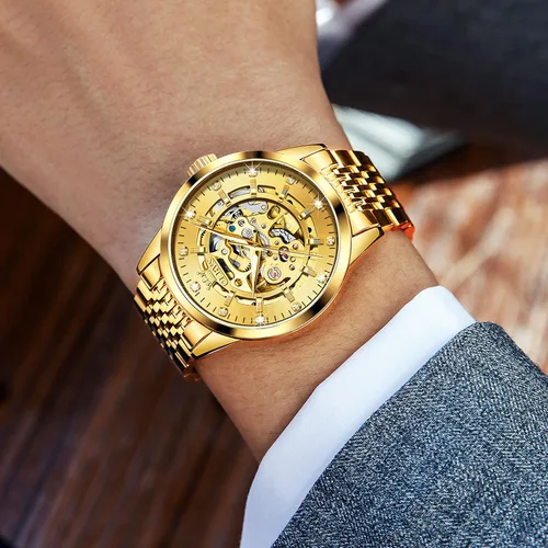Vista 3 de OLEVS Automatic Skeleton Men Watches Mechanical Watch Luxury Wind up Watches for Men no Battery Men's Wristwatches