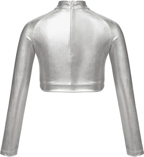 Vista 2 de Jhaoyu Camiseta de manga larga para niñas y niñas, brillante, metálica, hip hop, danza, camiseta de manga larga, jazz, ballet, ropa de baile moderna