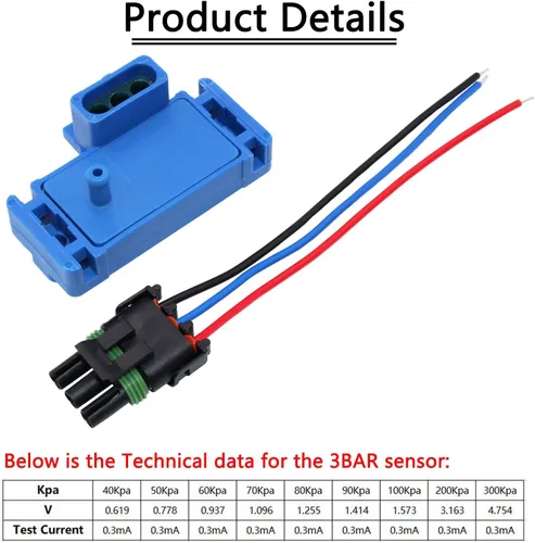 Vista 2 de Sensor de Presión Absoluta MAP de Colector de 3 Bares con Turbo Boost y Conector de Cable Pigtail 12223861 Compatible con GM Chevy Buick GMC Pontiac