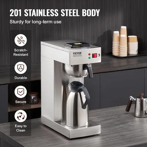 Vista 5 de VEVOR Cafetera de goteo comercial de 12 tazas, cafetera con jarra térmica para mantener el calor o el frío, cafetera de acero inoxidable