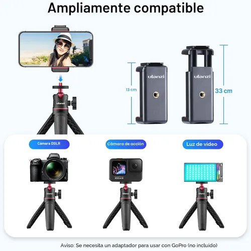 Vista 2 de ULANZI MT-08 Mini trípode de poste de extensión para cámara de teléfono Extends to 21.3in, Phone Holder Included w Cold Shoe Mount, 2-in-1 Tripod