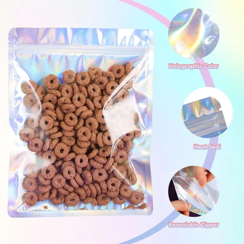Vista 4 de Bolsas Holográficas y Bolsa de Papel de Aluminio Resellable Mylar Bolsa de Muestra Ideal para Favores de Fiesta Almacenamiento de Alimentos Bolsas a