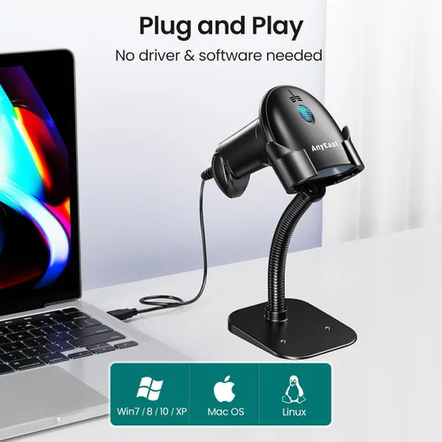 Vista 2 de Escáner de código de barras con soporte, Inventario con cable USB 2D 1D Escáner de código QR para computadora POS MAC con escaneo automático