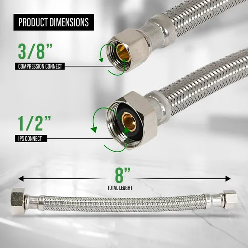 Vista 4 de EverFlow - Conector para grifo de 8 pulgadas, acero inoxidable, 27108-NL-2-G, tuercas de latón trenzadas, 1/2 pulgada IPS X 3/8 pulgada rosca