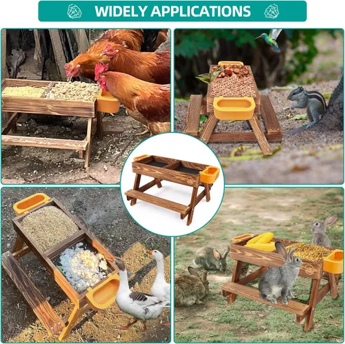 Vista 5 de Mesa de picnic de pollo, comedero de pollo sin desperdicios hecho a mano de madera carbonizada, kit grande de comedero de pollo para bricolaje