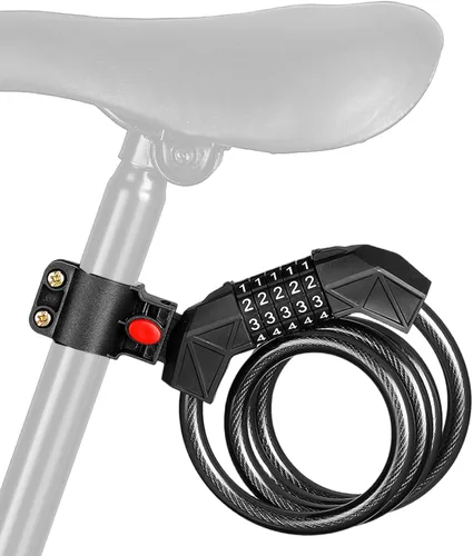 Vista 7 de Candado de bicicleta con soporte de montaje, cable de bicicleta de 4 pies, cable básico autoenrollable de 5 dígitos con combinación reiniciable, Azul