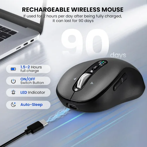 Vista 6 de INFINMIND Ratón inalámbrico Bluetooth, USB + BT × 2, mouse Ergo para computadora multidispositivo, súper rueda de metal de 4 vías, ± 3K DPI, 9