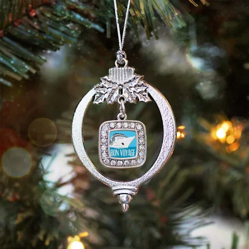 Vista 3 de Inspired Silver - Bon Voyage Cruise Ship Charm Ornamento – Adornos navideños cuadrados de plata con joyas de circonita cúbica