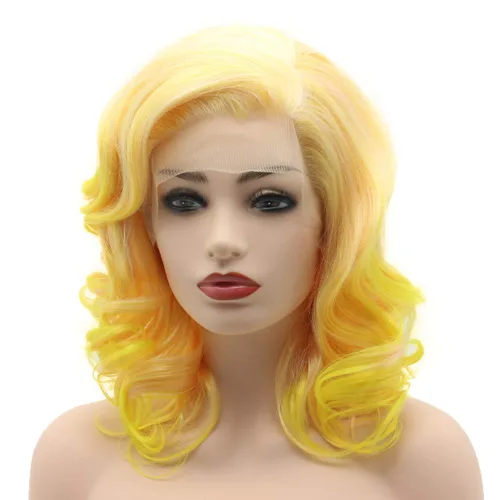 Vista 3 de Cabello ondulado longitud del hombro 16 pulgadas dos tonos raíz rosa dorado degradado densidad alta realista sintético encaje frente pelucas