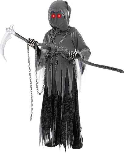 Vista 5 de Spooktacular Creations Disfraz unisex de la parca para niños, disfraz de Halloween con ojos rojos brillantes para niños para pedir truco o trato