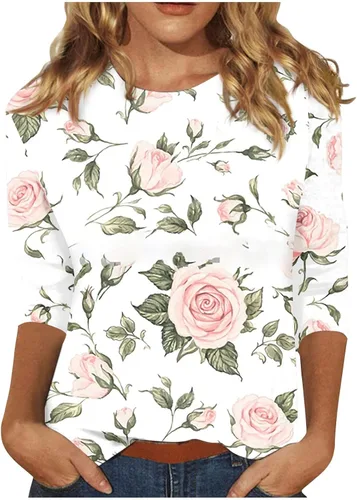 Vista 15 de Camisetas personalizadas para mujer, a la moda, casual, de séptima manga, estampada, cuello redondo, camiseta