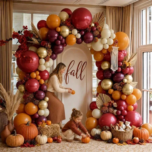 Vista 2 de Kit de arco de globos color naranja quemado burdeos, guirnalda de globos de otoño retro boho con crema dorada metálica para otoño, cosecha, Acción