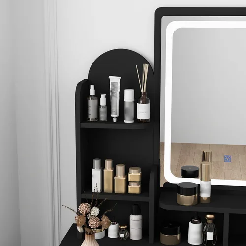 Vista 5 de Tocador con silla, tocador con espejo rectangular iluminado, 5 cajones y estantes, juego de tocador de maquillaje con almacenamiento