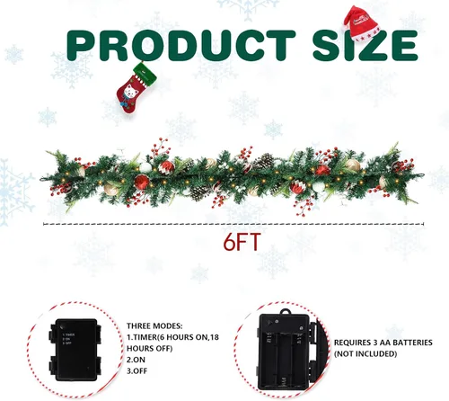 Vista 4 de Guirnalda de Navidad Preencendida de 6 Pies, Decoraciones Navideñas, Guirnalda Iluminada a Batería para Interiores con Bayas Rojas, Bolas