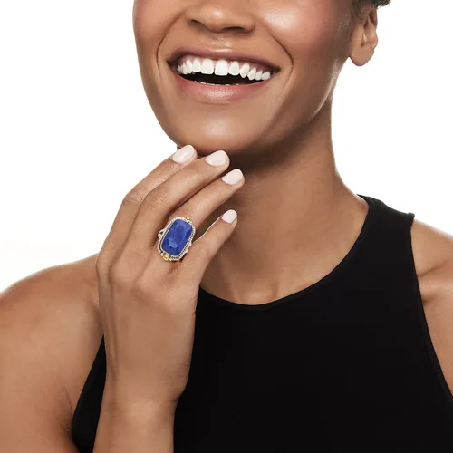 Vista 2 de Ross-Simons Anillo con borde de cuerda de lapislázuli en plata de ley de 2 tonos