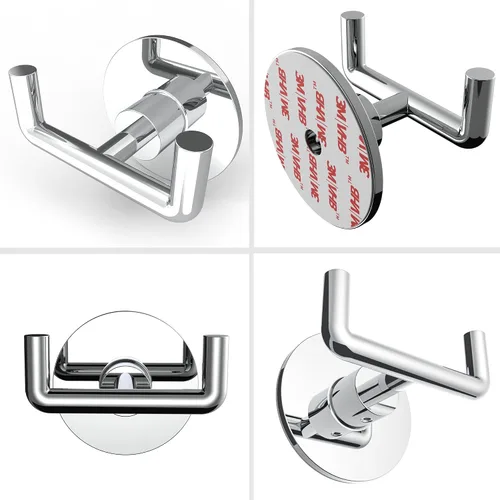Vista 4 de Ruacq Gancho doble adhesivo para toallas, base redonda cromada, bata de baño, soporte para toallas de mano, acero inoxidable y aleación de zinc