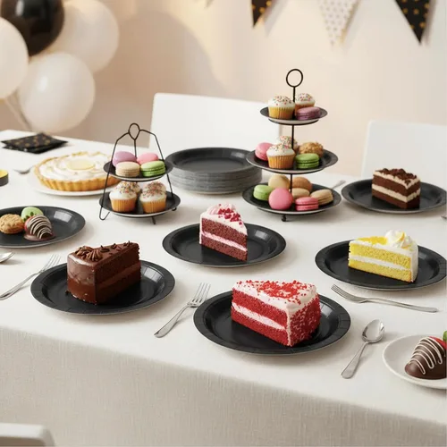 Vista 5 de Platos de papel negro, platos de postre desechables de 7 pulgadas, 50 unidades para bodas, cumpleaños, picnic, graduación