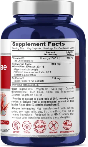 Vista 2 de NusaPure Algas marinas rojas 5,000 mg 200 cápsulas vegetales (sin OMG y sin gluten) Bioperine