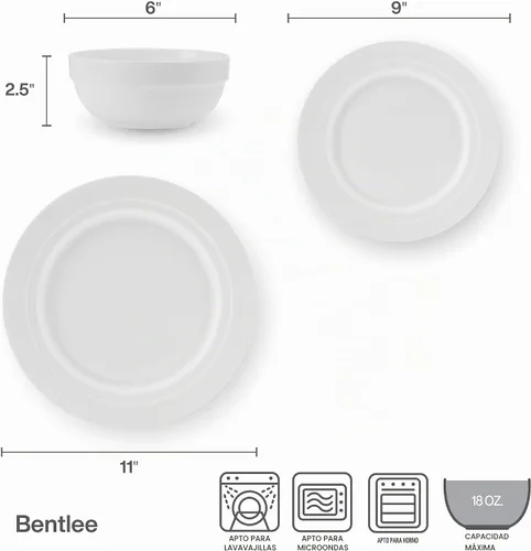 Vista 3 de Mikasa Bentlee Bone China - Juego de vajilla ligera de 12 piezas resistente a las astillas, servicio para 4, color blanco