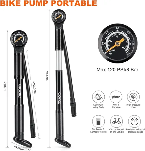 Vista 6 de CXWXC Bomba de bicicleta portátil - Mini bomba de bicicleta con manómetro se adapta a válvulas Presta y Schrader - Bomba de aire para bicicleta