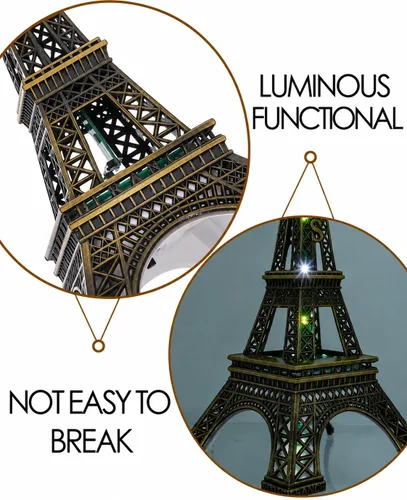Vista 8 de Cabilock Estatua de la torre Eiffel, decoración de torre Eiffel de metal de 9.6 pulgadas, lámpara de torre Eiffel con luz LED, adorno de mesa