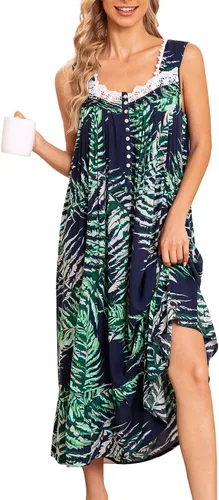 Vista 17 de AVIIER Camisones de algodón para mujer, sin mangas, vestido de casa largo con bolsillos, S-XXL Flor negra