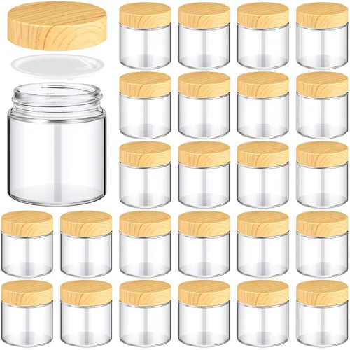 Vista 17 de Norme 120 tarros de vidrio de 4 onzas con tapas, recipientes de vidrio vacíos con tapas de grano de madera y revestimientos interiores