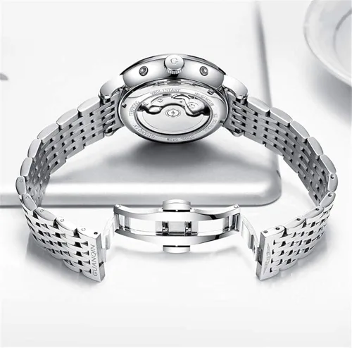 Vista 3 de Guanqin - Reloj de pulsera mecánico analógico automático para hombre, con banda de acero, fase lunar